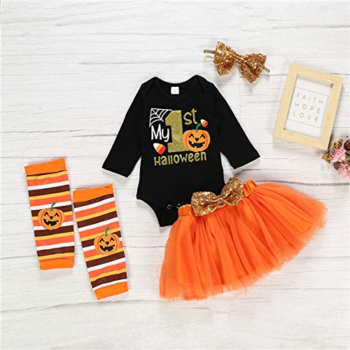 CPEI Baby Girls Halloween Outfits Costume My 1st Halloween Romper+ Tutu Skirt+ Striated Leg Warmer+ Bunny Headband 4Pcs Outfit Set (Black  6-12 Months) - Image 3